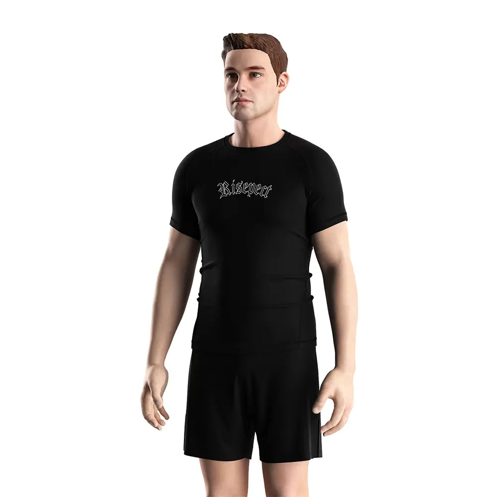 Male Model in Rash Guard 3.0 "Twin Venom" Short Sleeve Gothic Spine Series Tee Set Front View