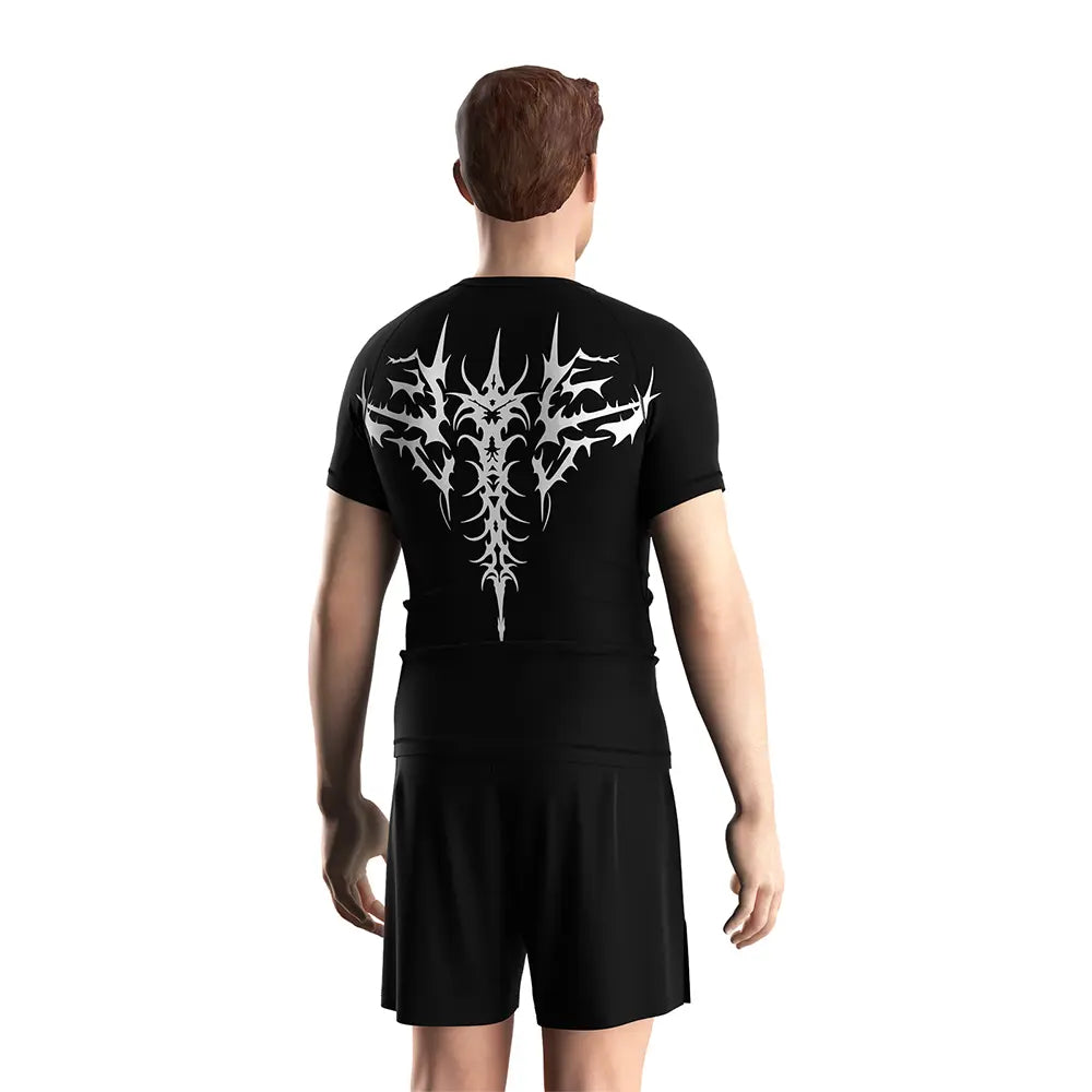 Male Model in Rash Guard 3.0 "Twin Venom" Short Sleeve Gothic Spine Series Tee Set Back View