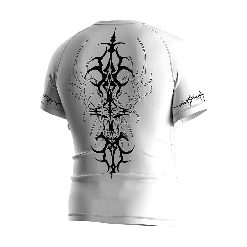 The Right Back View of Rash Guard 3.0 "White Vortex" Tribal Y2K Shirt Men Short Sleeve