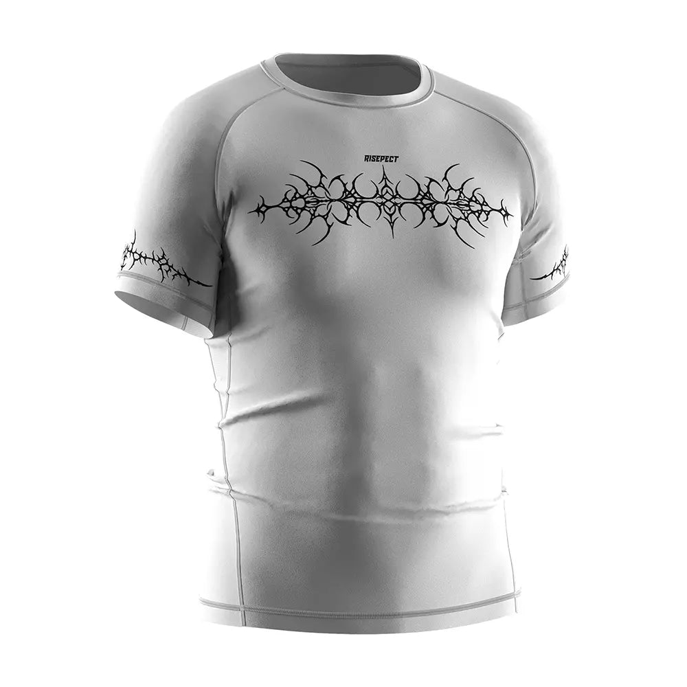The Right Front View of Rash Guard 3.0 "White Vortex" Tribal Y2K Shirt Men Short Sleeve