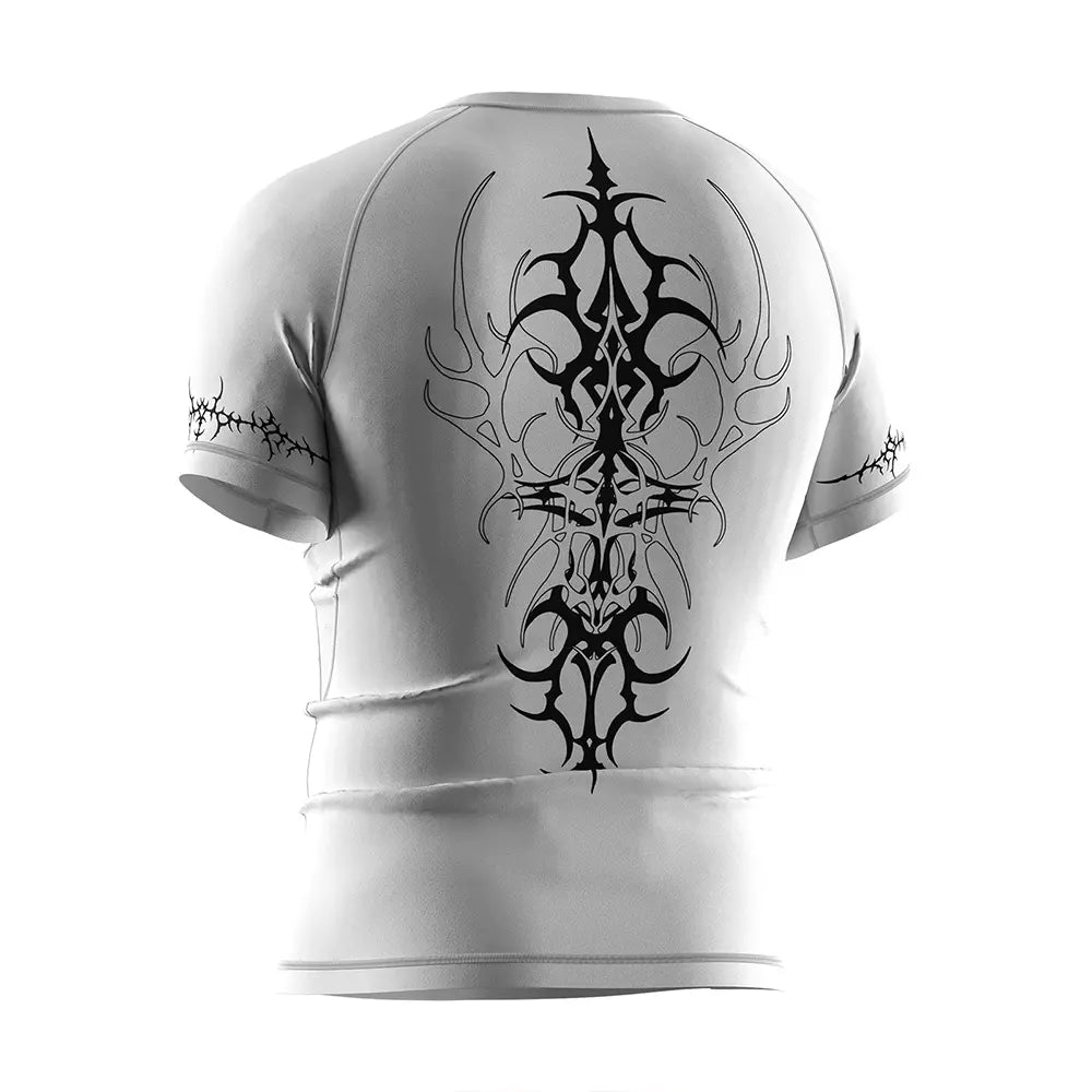 The Left Back View of Rash Guard 3.0 "White Vortex" Tribal Y2K Shirt Men Short Sleeve