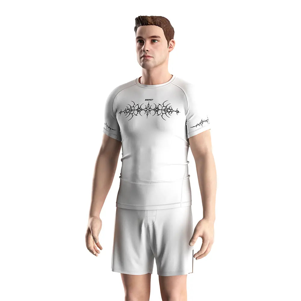 Male Model in Rash Guard 3.0 "White Vortex" Tribal Y2K Shirt Men Short Sleeve Front View