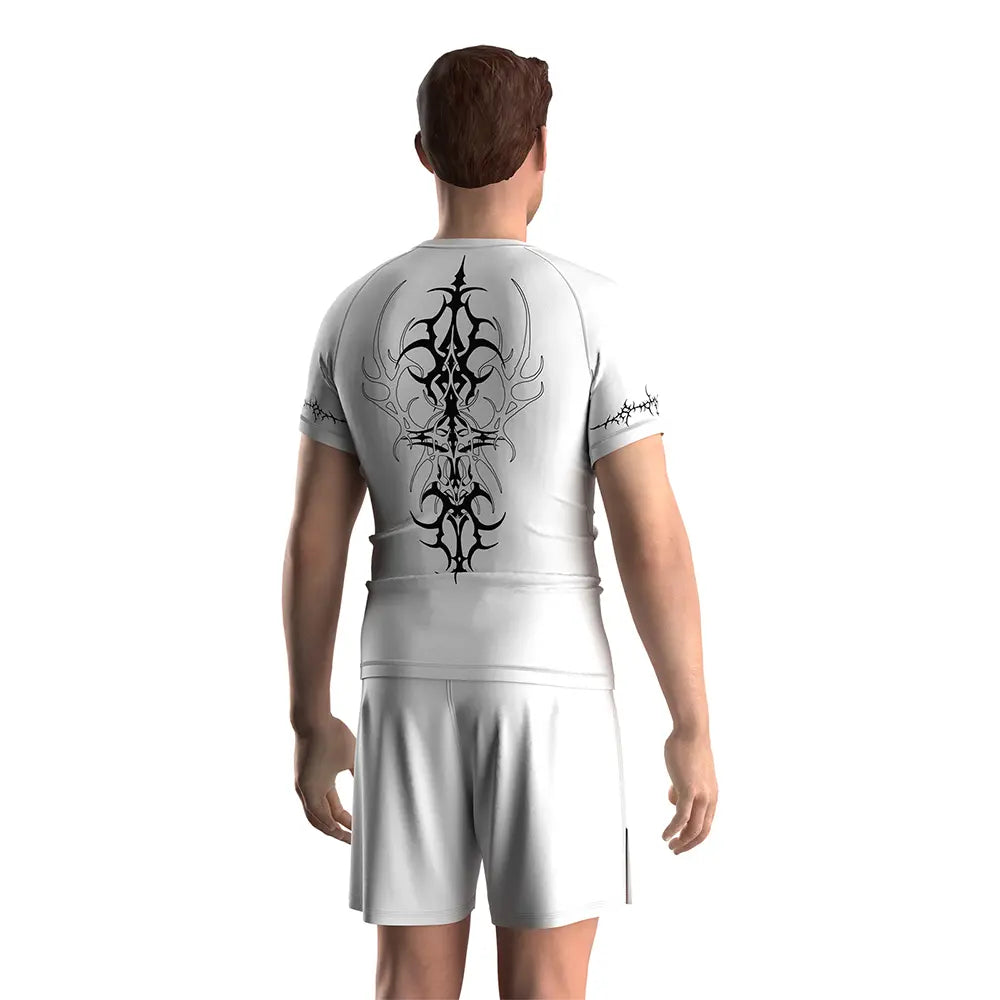 Male Model in Rash Guard 3.0 "White Vortex" Tribal Y2K Shirt Men Short Sleeve Back View