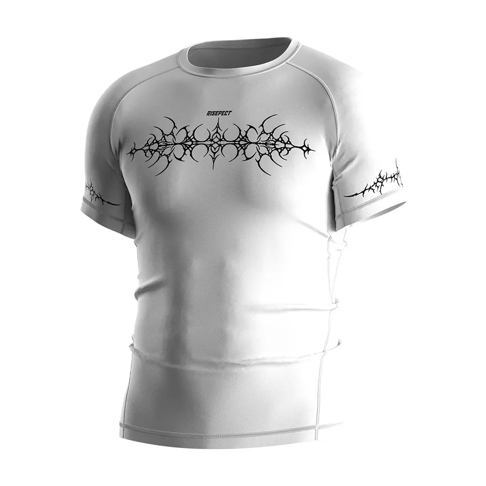 The Left Front View of Rash Guard 3.0 "White Vortex" Tribal Y2K Shirt Men Short Sleeve
