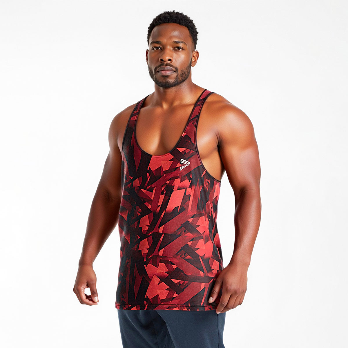 Male Model in red Camo Mens Gym Stringer Tank for Bodybuilding Training