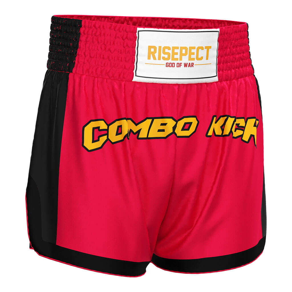 Red Combo Kick Muay Thai Shorts Classic Fight Design - right front