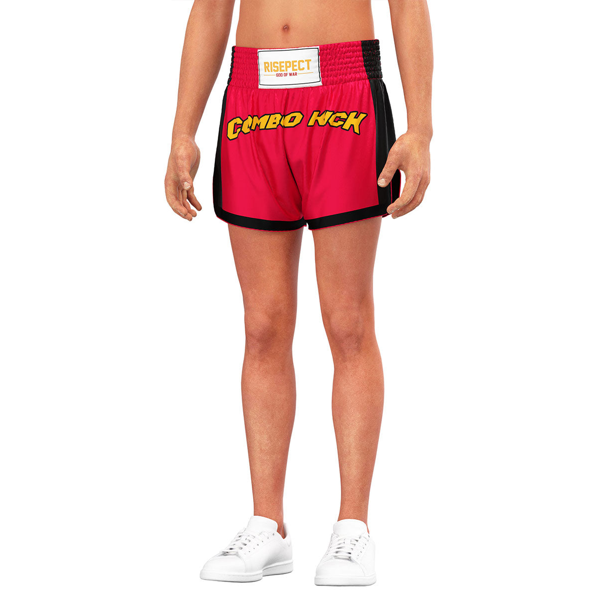 Male Model in Red Combo Kick Muay Thai Shorts Classic Fight Design - front