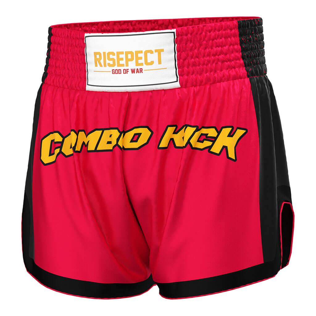 Red Combo Kick Muay Thai Shorts Classic Fight Design - left front