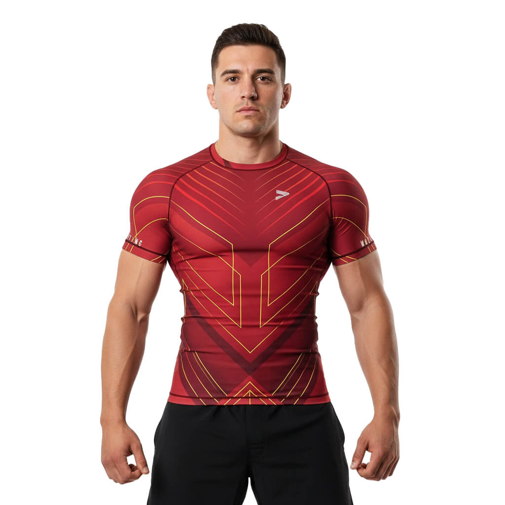Male Model in Red Dominator Wrestling Compression Shirt