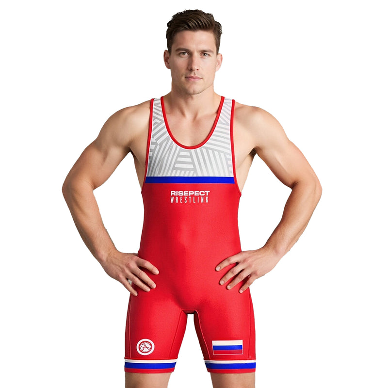 Male Model in Red Iron Fury Russian Classic Wrestling Singlet 3.0