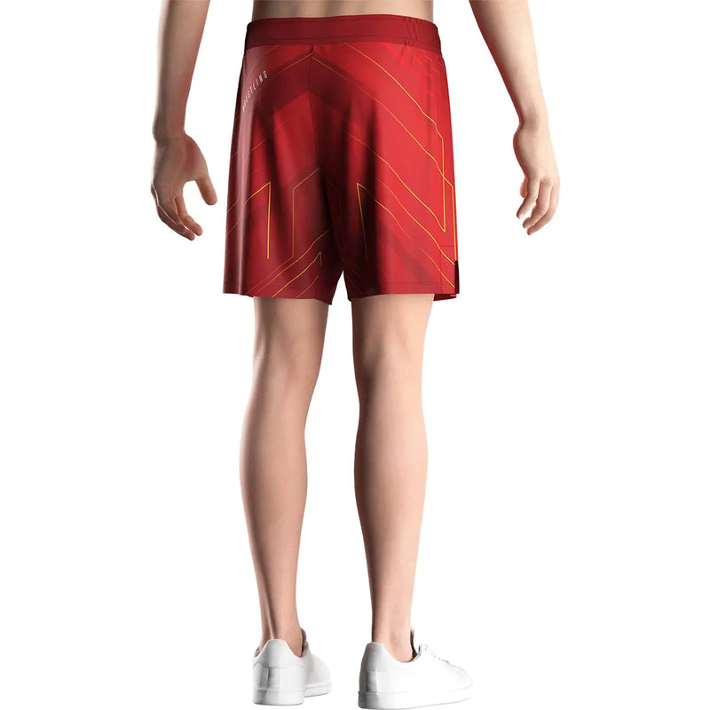 Male Model in Red Line of Impact Wrestling Shorts Back View