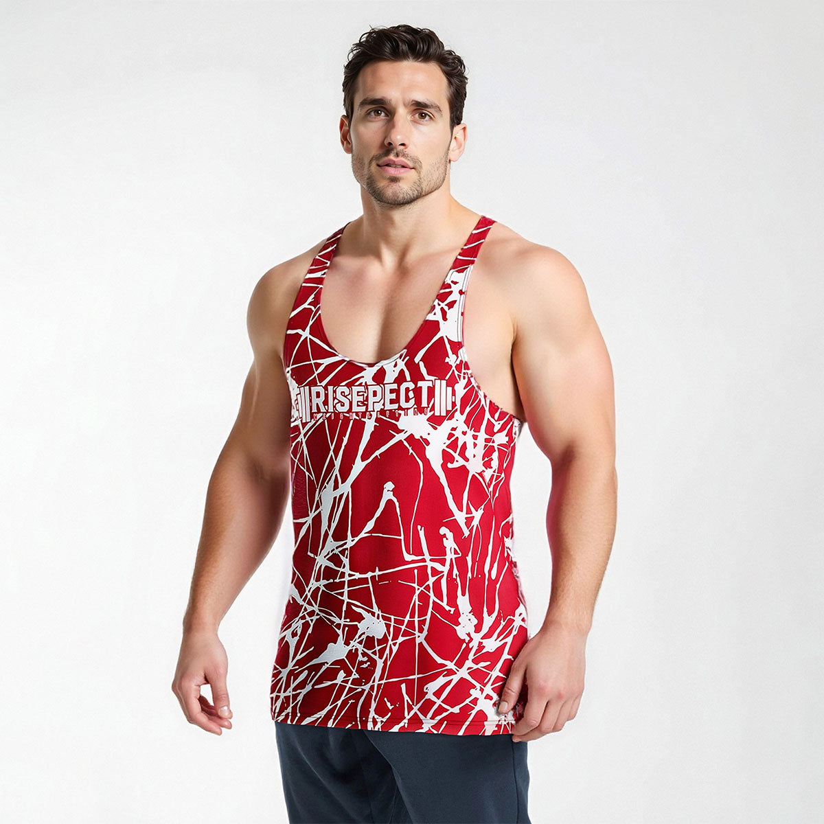 Male Model in red Marble Print Mens Gym Stringers Tank for Bodybuilding