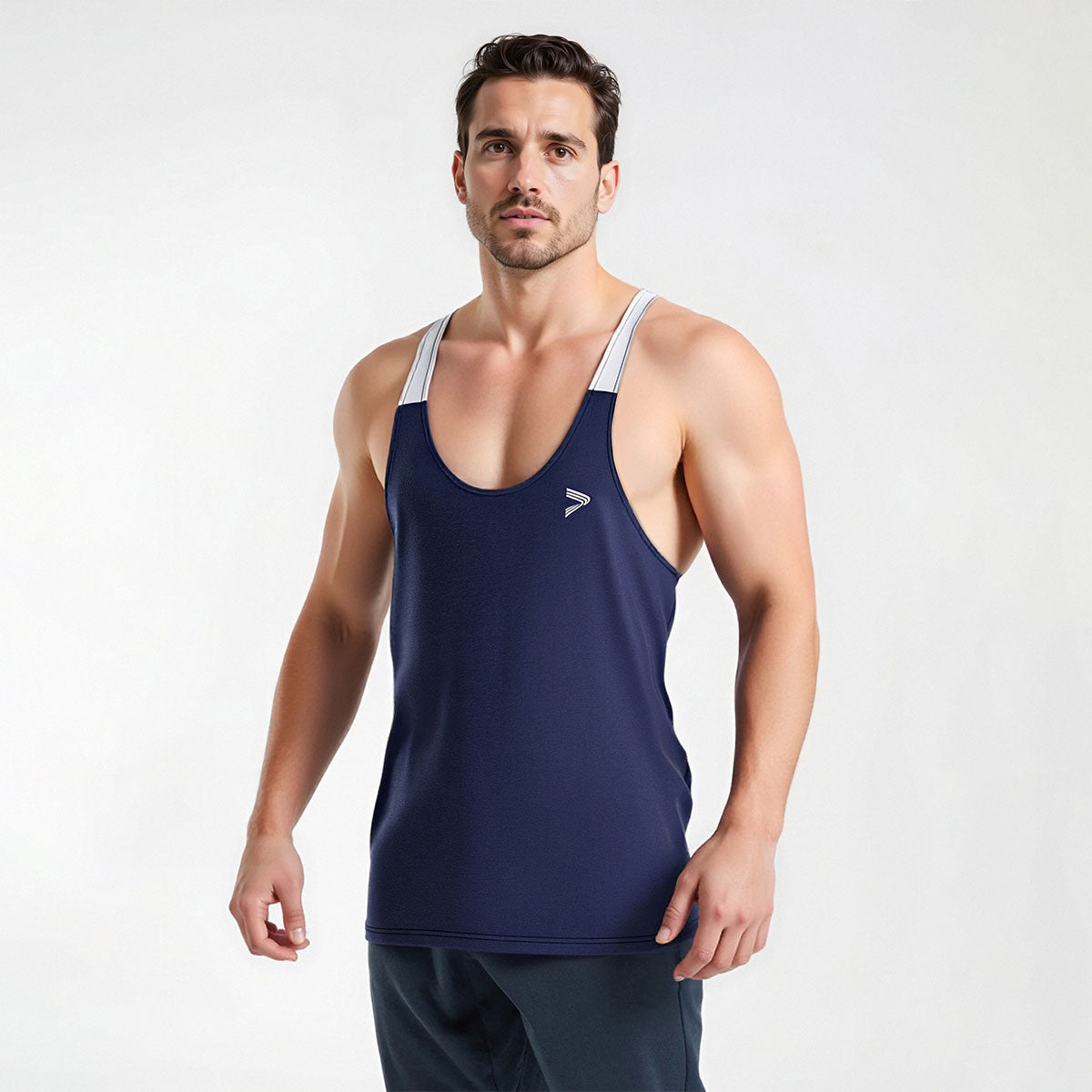 Male Model in royal blue Solid Color Mens Stringers Workout Vest Gym Training