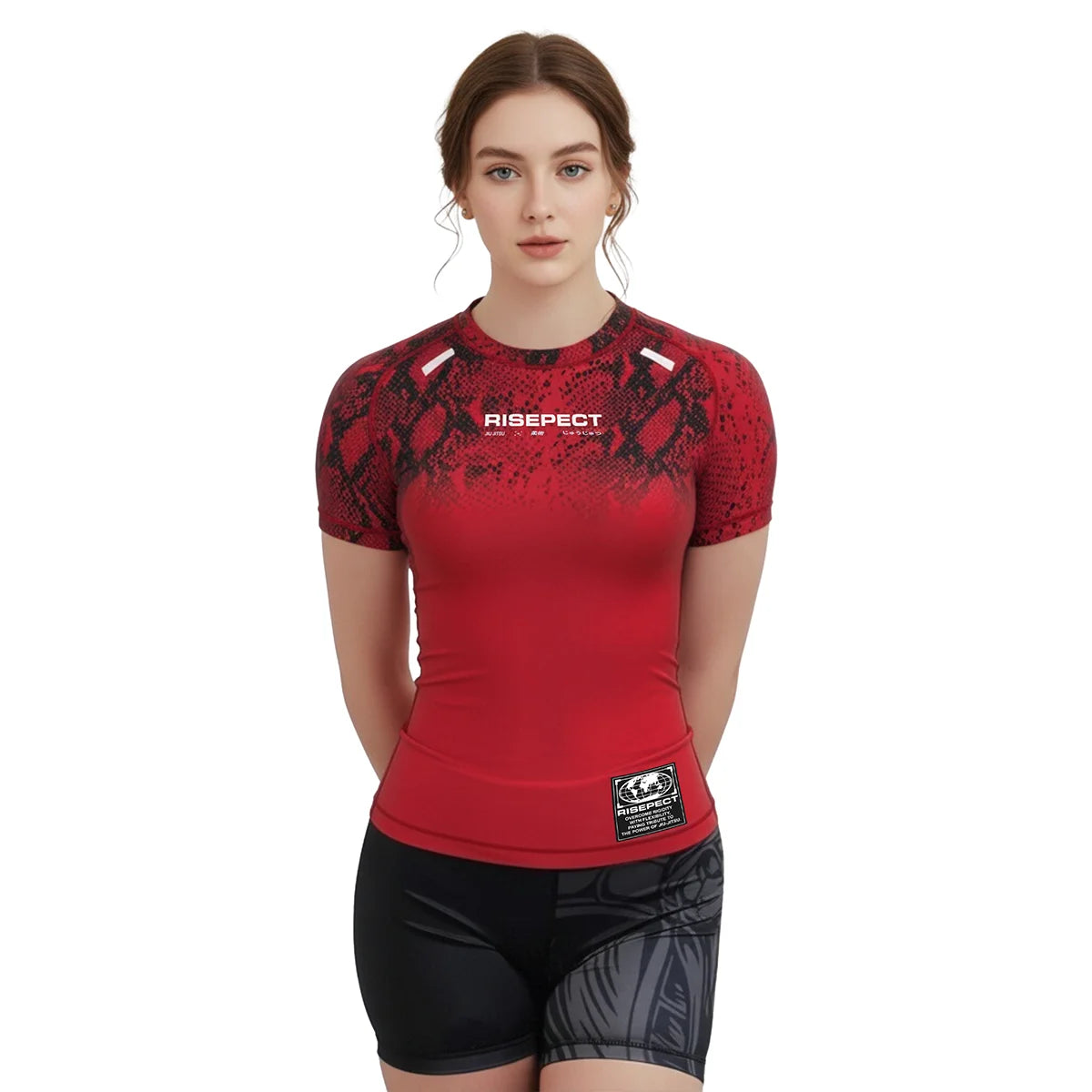 Female Model in Red Serpent Rash Guard 1.0 Front View