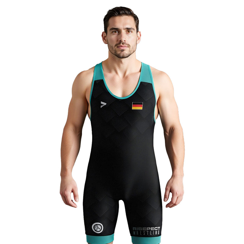 Male Model in Shadowline Surge German Fade Wrestling Singlet 3.0 with Aqua Trim - front