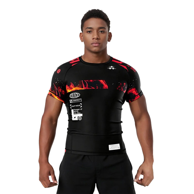 Male Model in Short Sleeve Rash Guard 3.0 – Awakened Gaze Flame Eye Front View