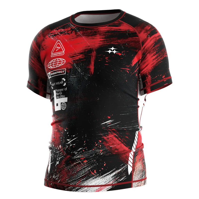 Left Front View of Short Sleeve Rash Guard 3.0 – Black with Red Brush Stroke