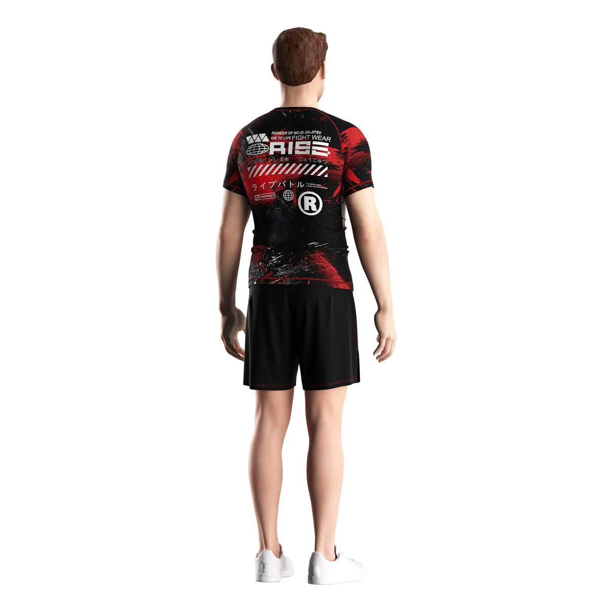 Male Model in Short Sleeve Rash Guard 3.0 – Black with Red Brush Stroke Back View