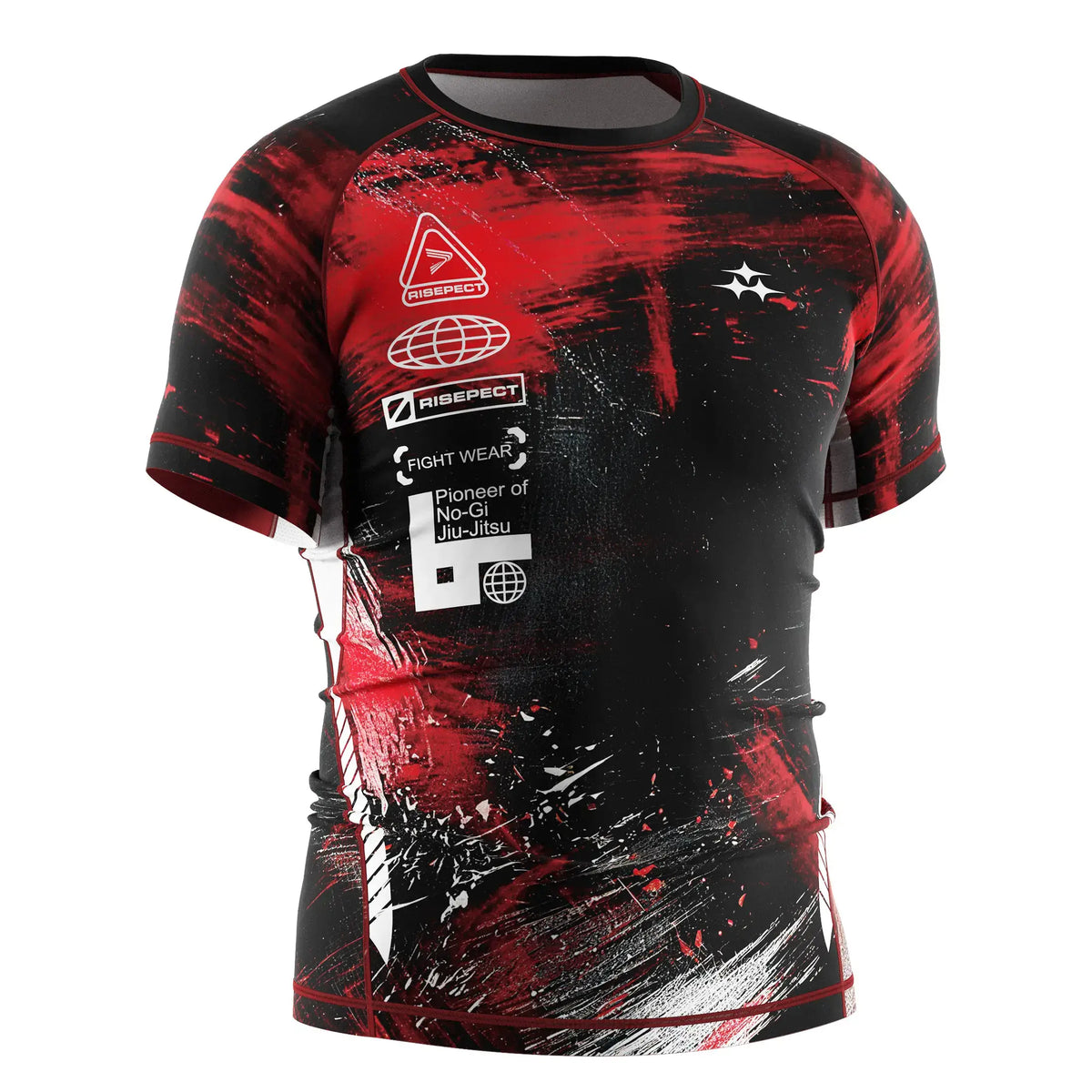Right Front View of Short Sleeve Rash Guard 3.0 – Black with Red Brush Stroke