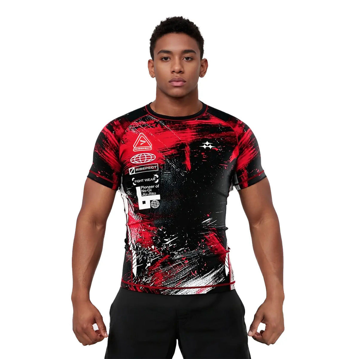 Male Model in Short Sleeve Rash Guard 3.0 – Black with Red Brush Stroke Front View
