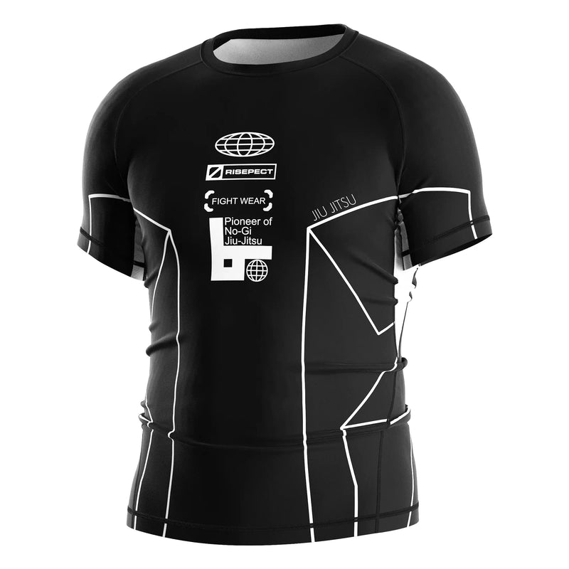Left Front View of Short Sleeve Rash Guard 3.0 – Black with White Lines