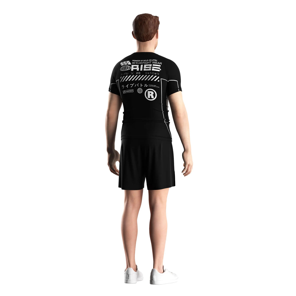 Male Model in Short Sleeve Rash Guard 3.0 – Black with White Lines Back View