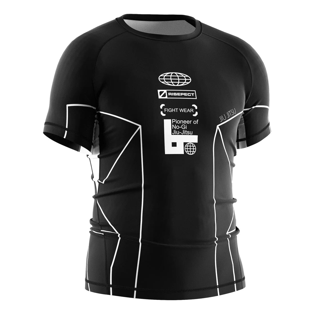 Right Front View of Short Sleeve Rash Guard 3.0 – Black with White Lines