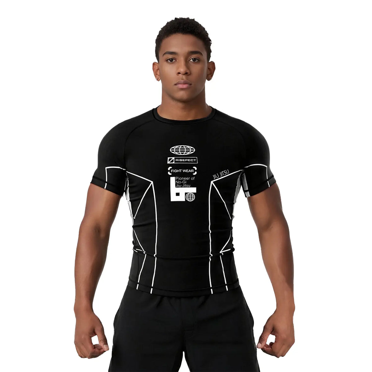 Male Model in Short Sleeve Rash Guard 3.0 – Black with White Lines Front View