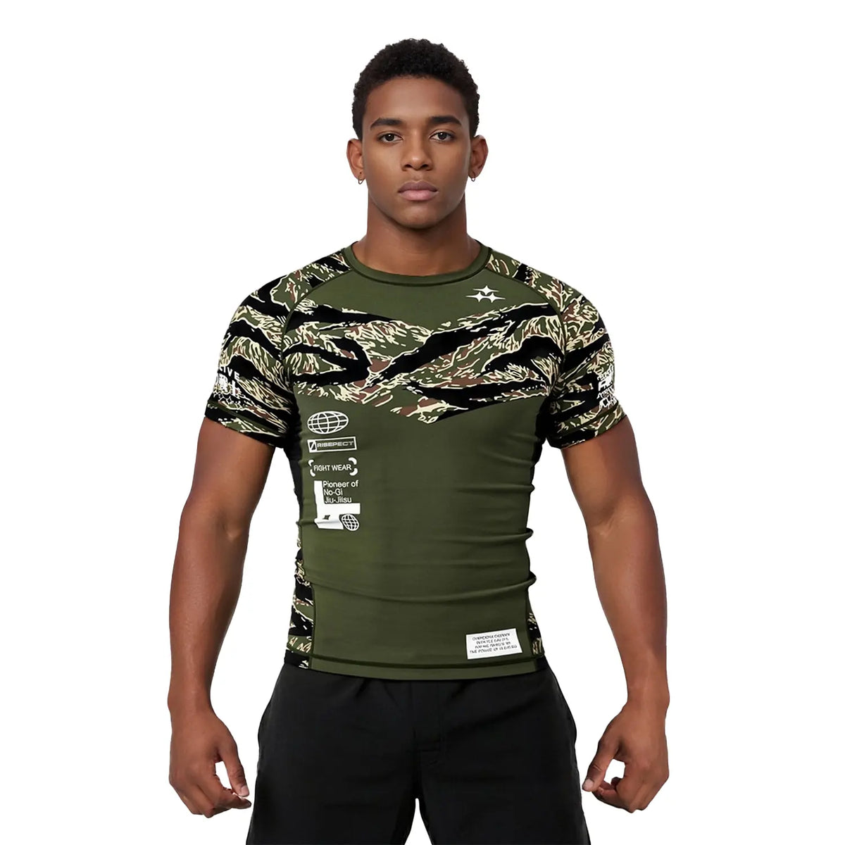 Male Model in Short Sleeve Rash Guard 3.0 - Olive Green Jungle Camo Front View