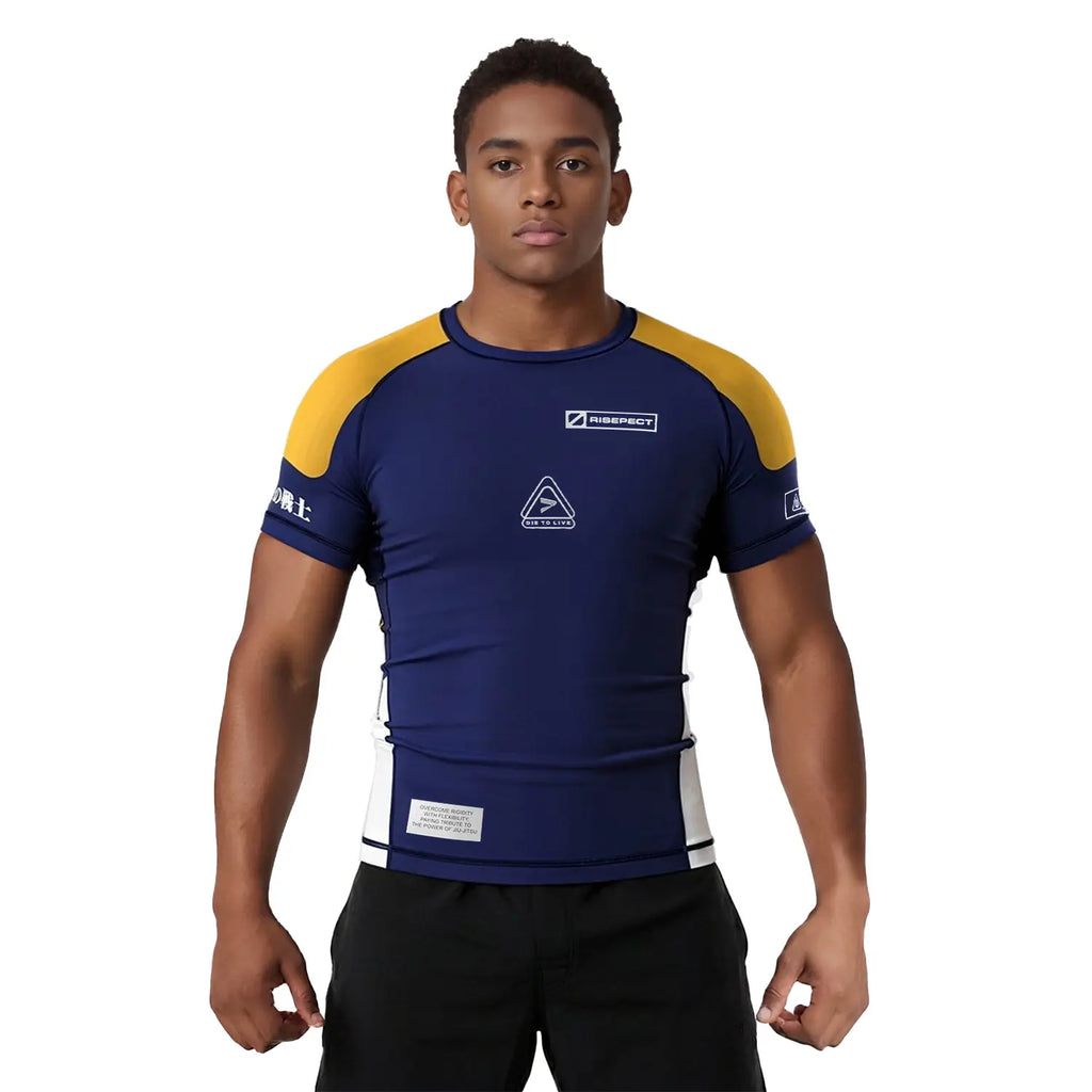 Short Sleeve Rash Guard 3.0 – Navy with Yellow Patch – RISEPECT
