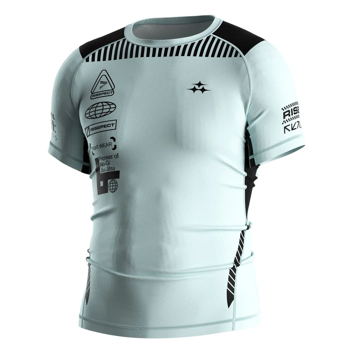 Left Front View of Short Sleeve Rash Guard 3.0 – Sky Blue with Black Texts