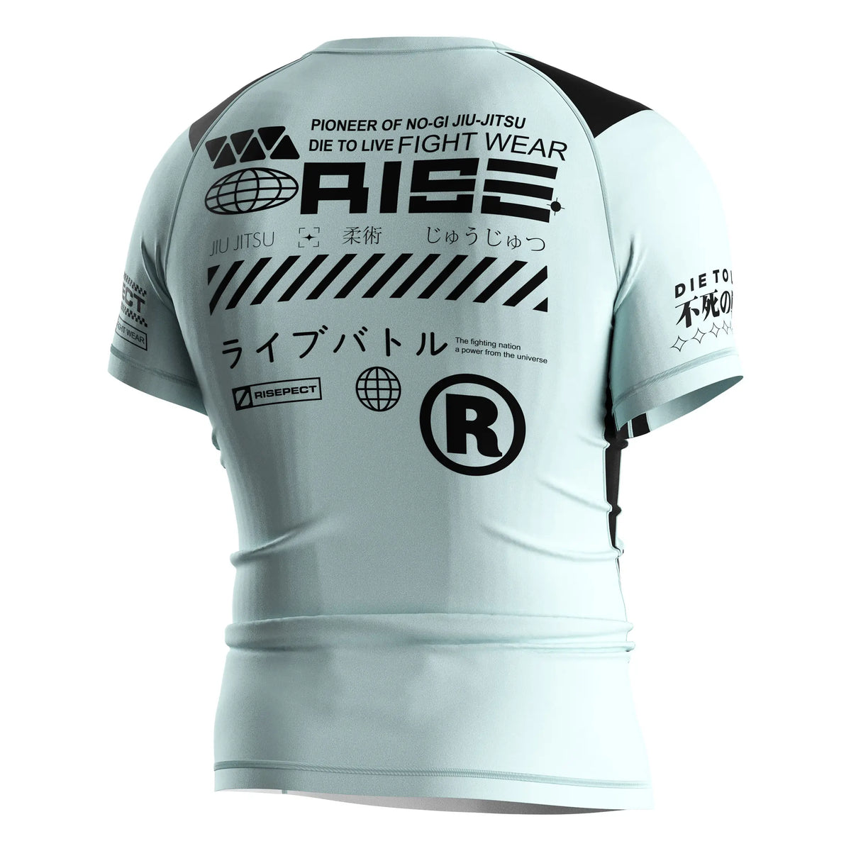 Right Back View of Short Sleeve Rash Guard 3.0 – Sky Blue with Black Texts