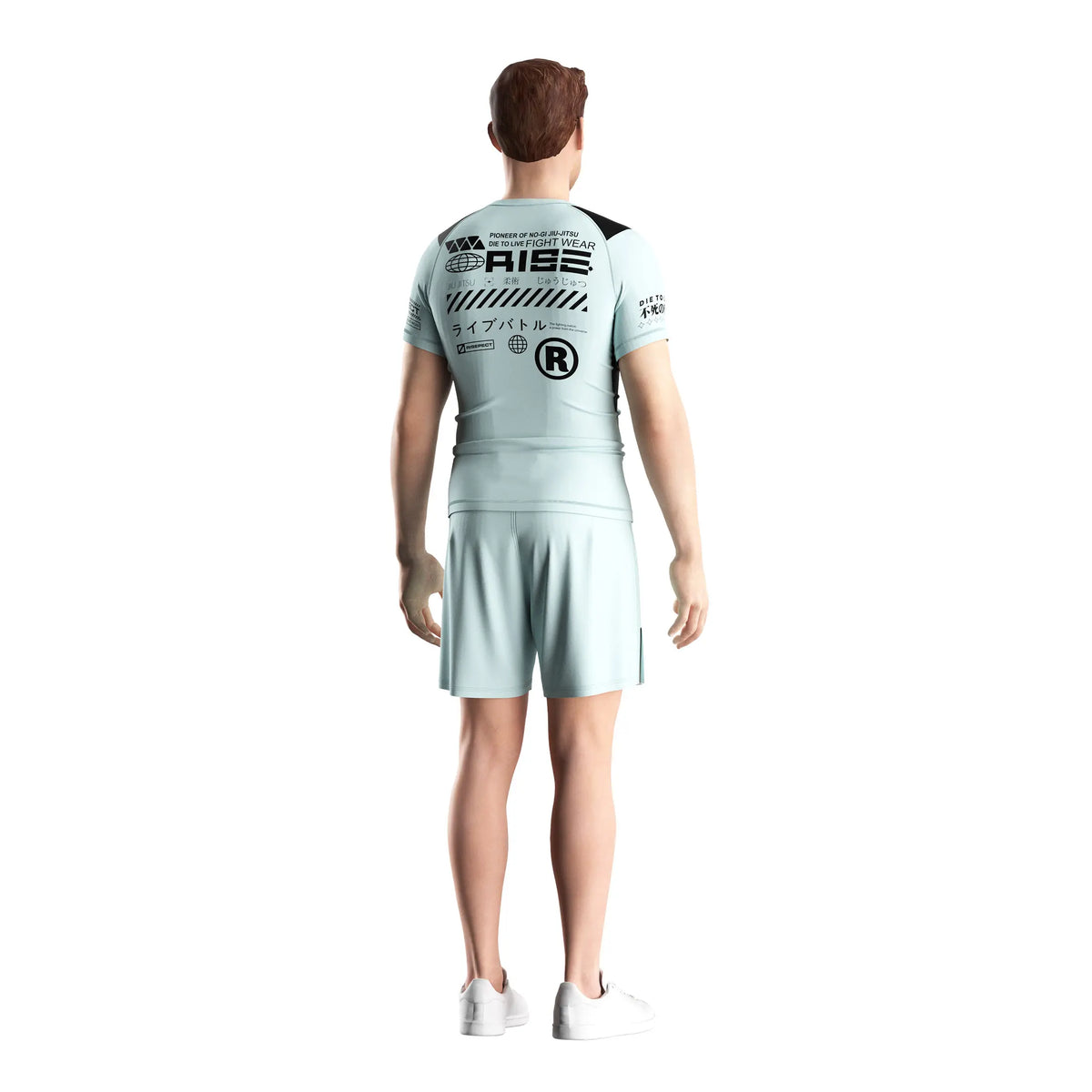 Male Model in Short Sleeve Rash Guard 3.0 – Sky Blue with Black Texts Back View
