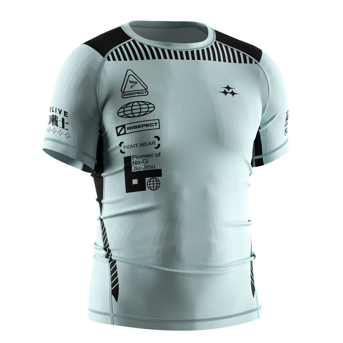 Right Fornt View of Short Sleeve Rash Guard 3.0 – Sky Blue with Black Texts