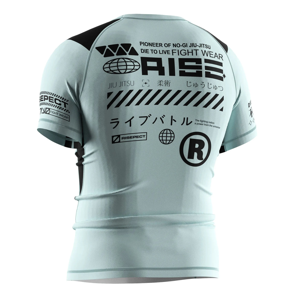 Left Back View of Short Sleeve Rash Guard 3.0 – Sky Blue with Black Texts