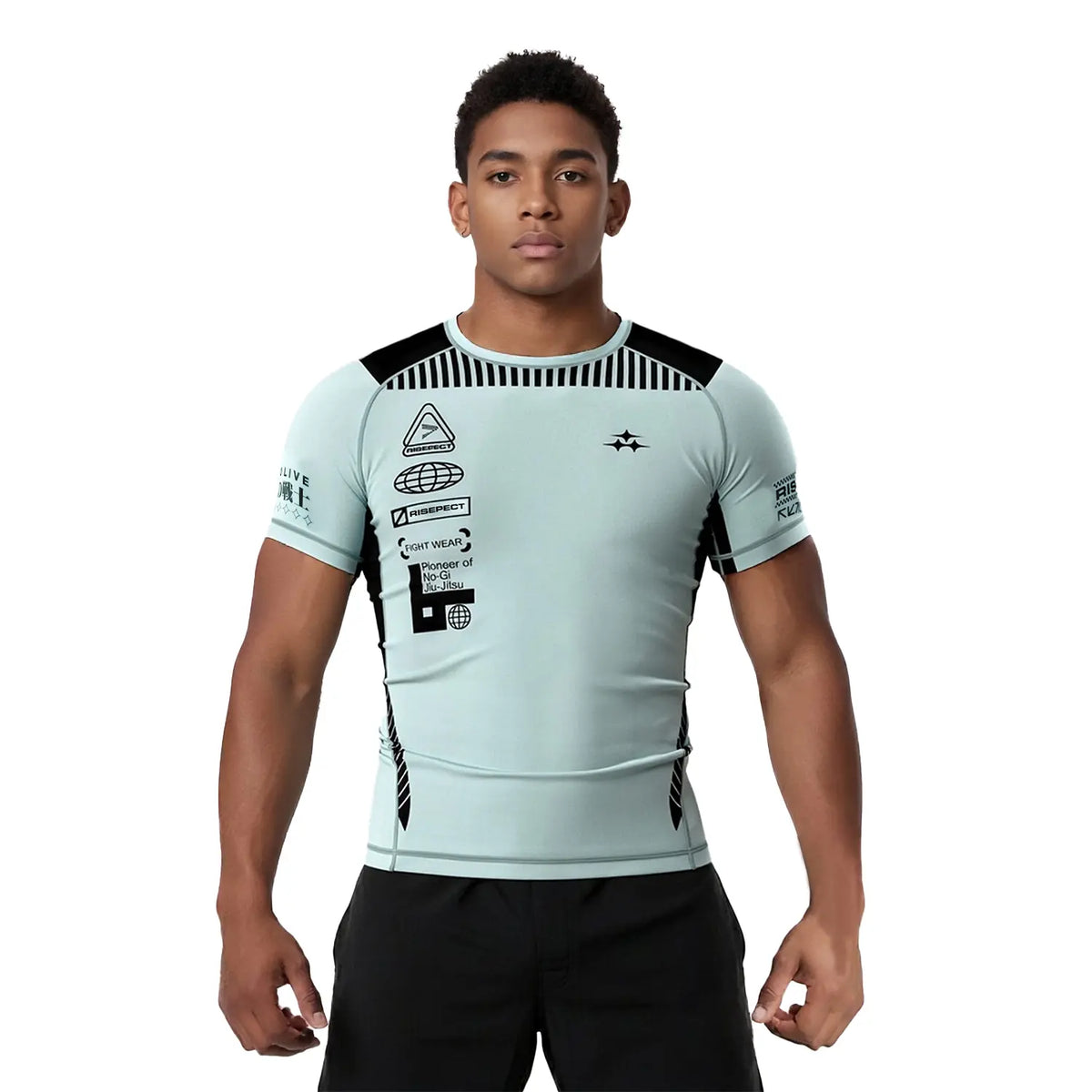 Male Model in Short Sleeve Rash Guard 3.0 – Sky Blue with Black Texts Front View
