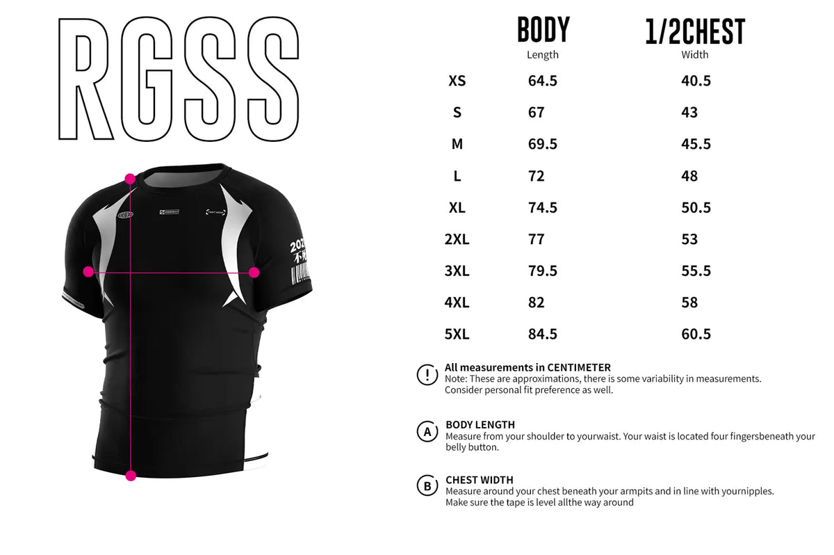 Adult Sizes Chart of Short Sleeve Rash Guard 3.0 – Black & White Minimal Panel