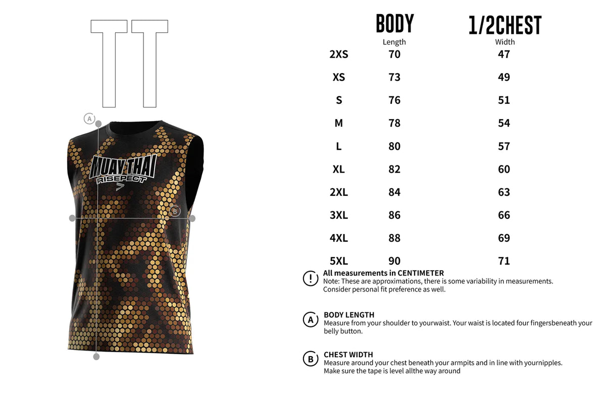 Adult Size Chart of Black & Gold Neon Honeycomb Graphic Muay Thai Sleeveless Shirt
