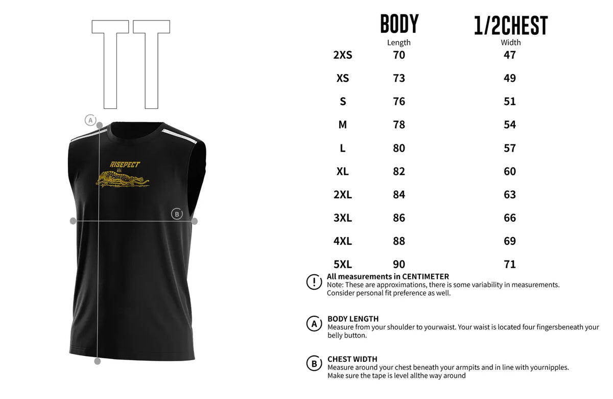 Adult Size Chart of Black & Yellow Tiger Graphic Muay Thai Sleeveless Shirt