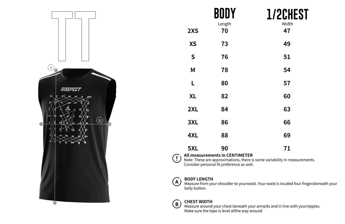 Adult Size Chart of Black RISEPECT Grid Graphic Muay Thai Sleeveless Shirt