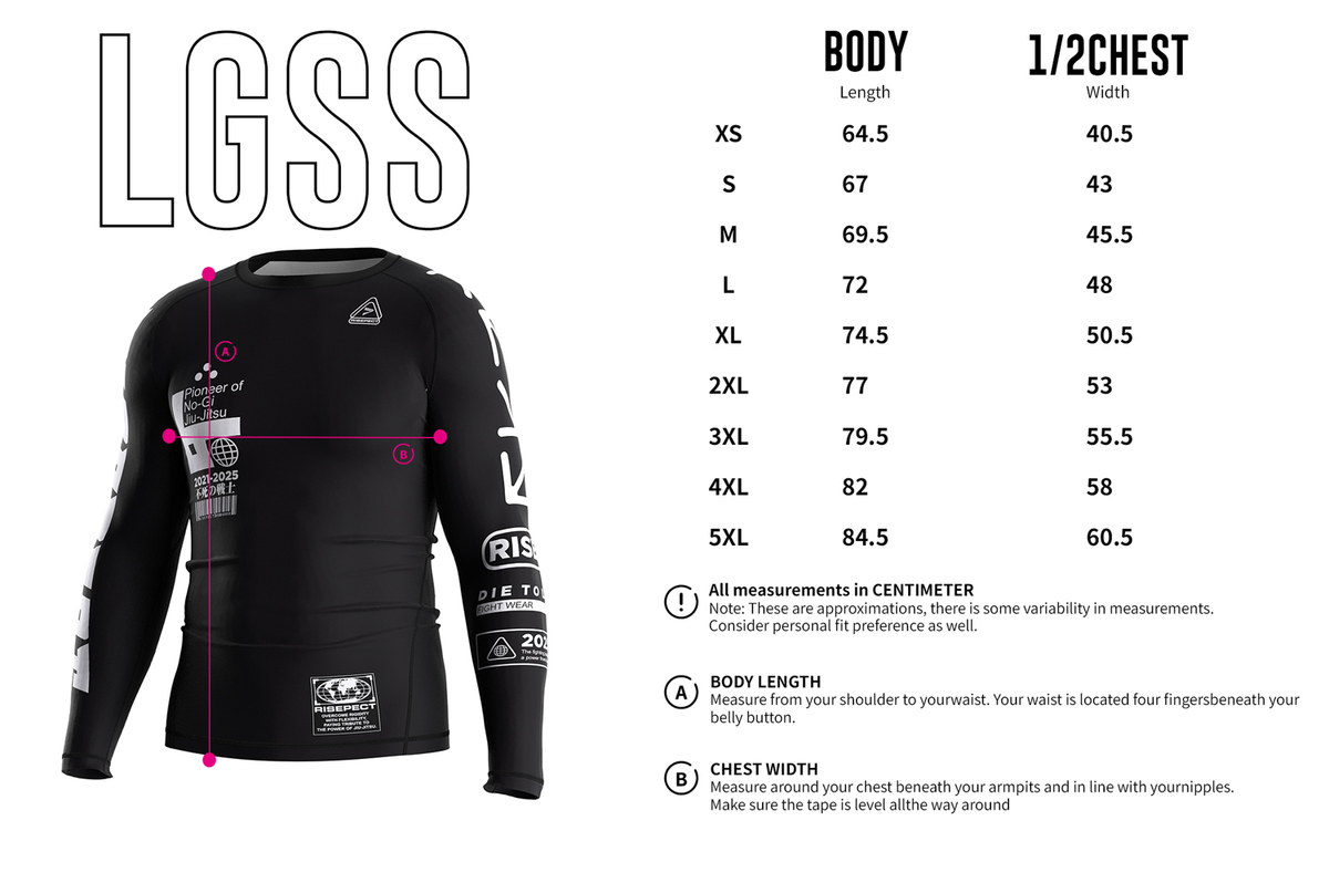 Adult Size Chart of 3rd Generation Beast Unleashed Long Sleeve Rash Guard