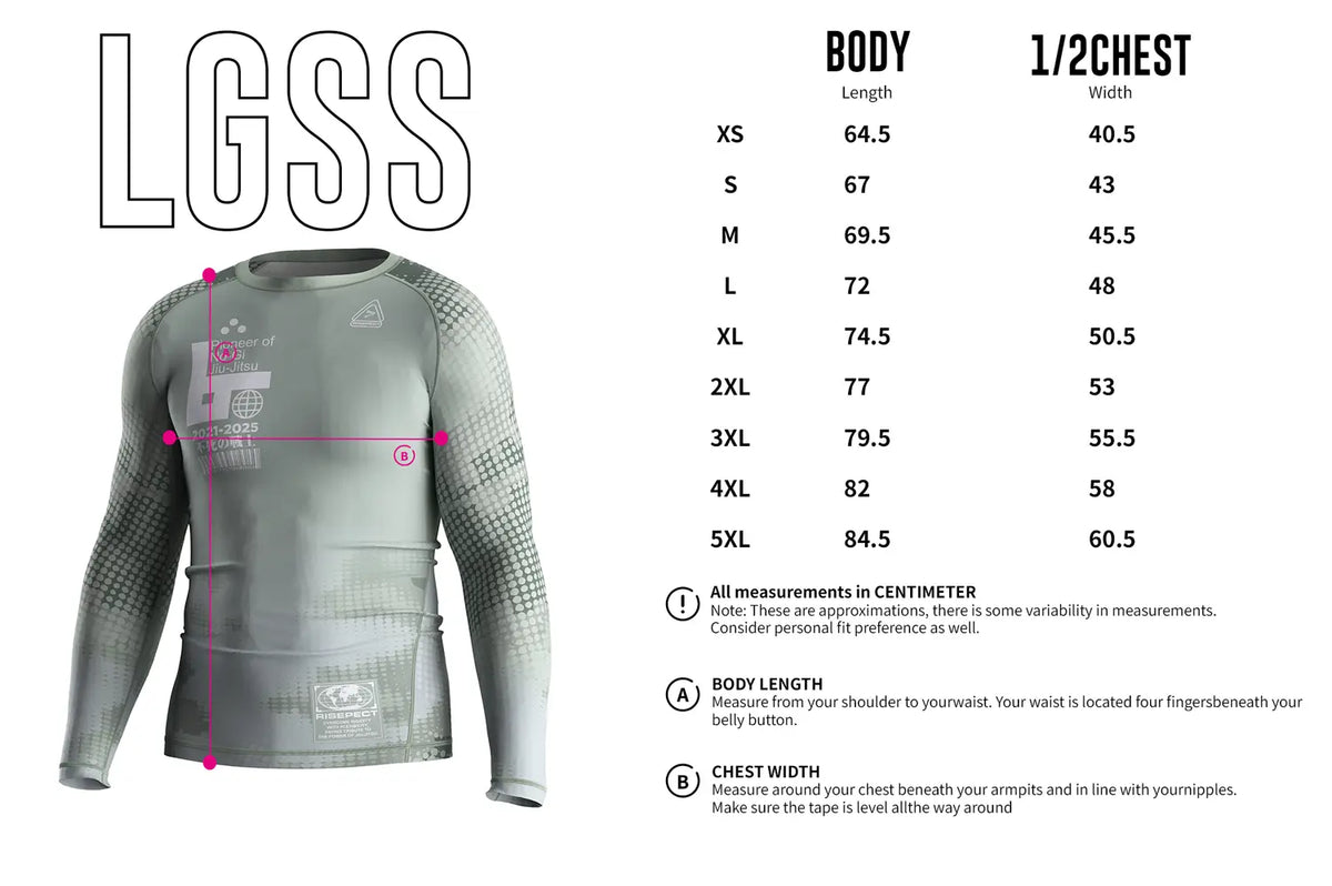 Adult Sizes Chart of 3rd Generation Digital Armor Long Sleeve Rash Guard