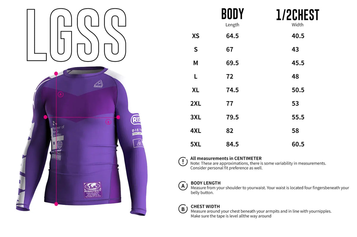 Adult Sizes Chart of 3rd Generation Purple Honor Long Sleeve Rash Guard