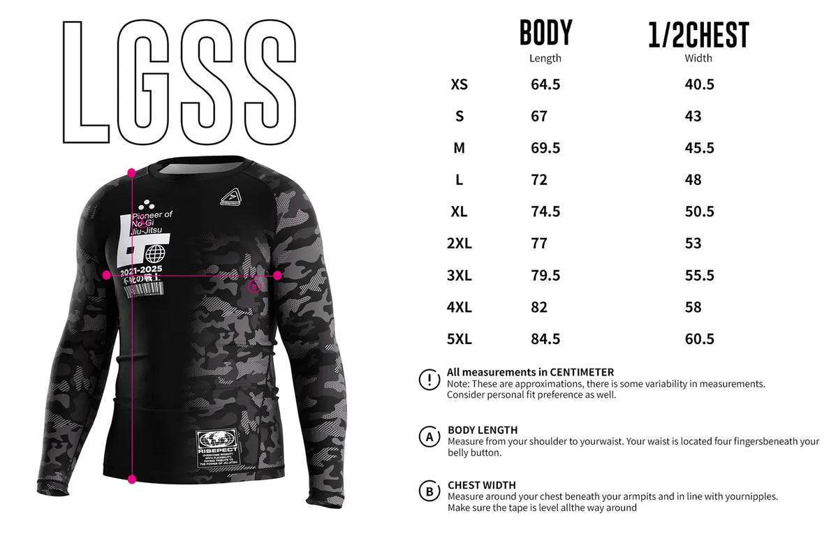 Adult Sizes Chart of 3rd Generation Shadow Drift Long Sleeve Rash Guard