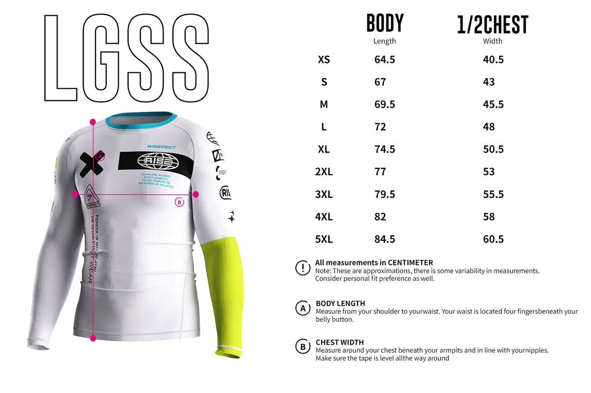 Adult Sizes Chart of 3rd Generation White Reversal Long Sleeve Rash Guard