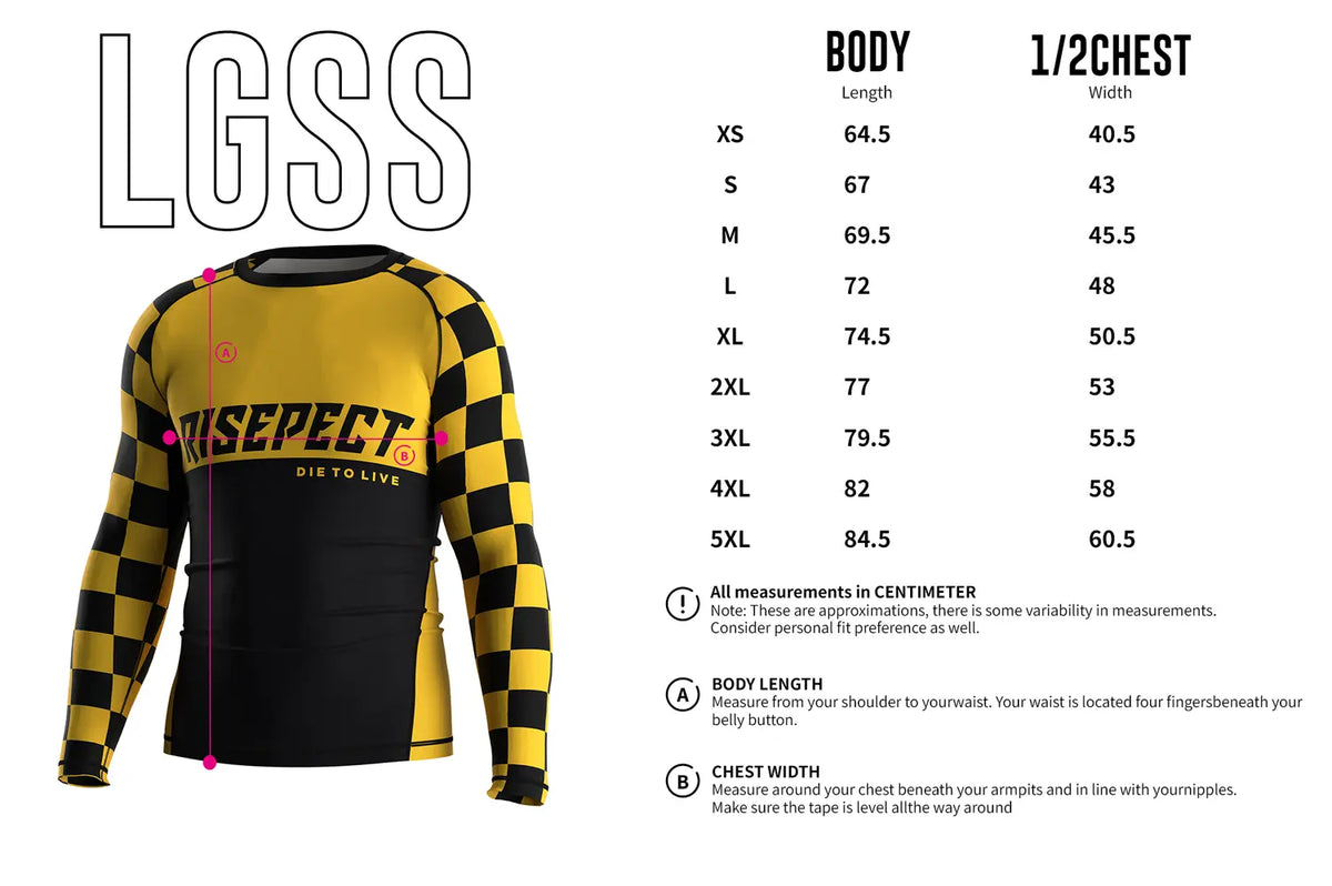 Adult Size Chart of 3rd Generation Yellow Perimeter Long Sleeve Rash Guard