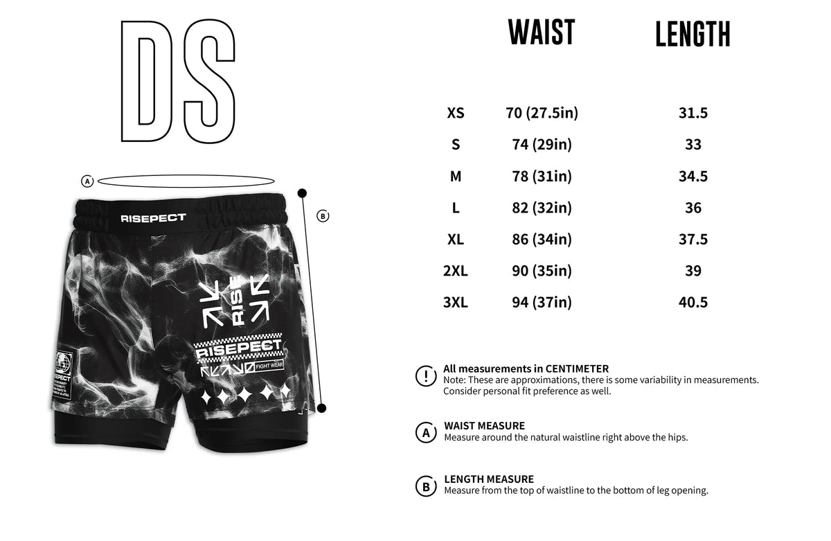 Men's Size Chart of Abstract Fluid 2in1 No Gi Hybrid Shorts Men