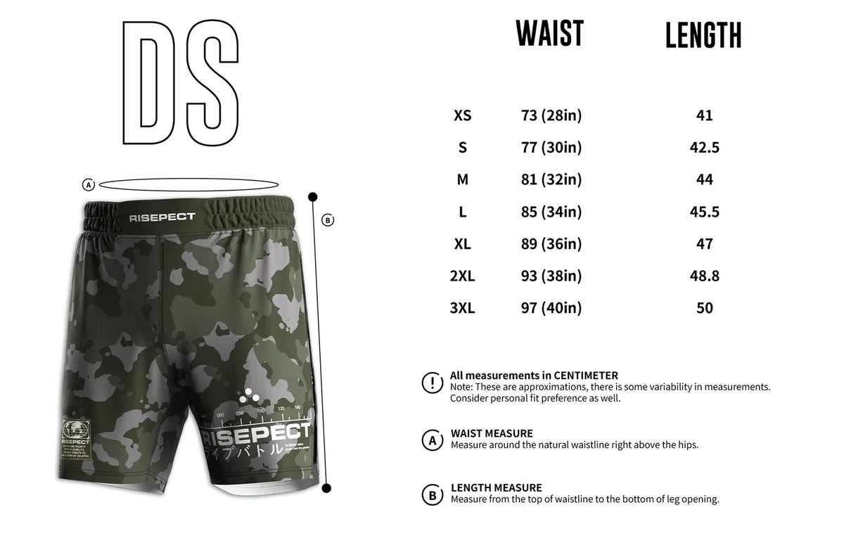 Adult Size Chart of Army-green Camo High Slit MMA BJJ Shorts W/ Black Compression Lining