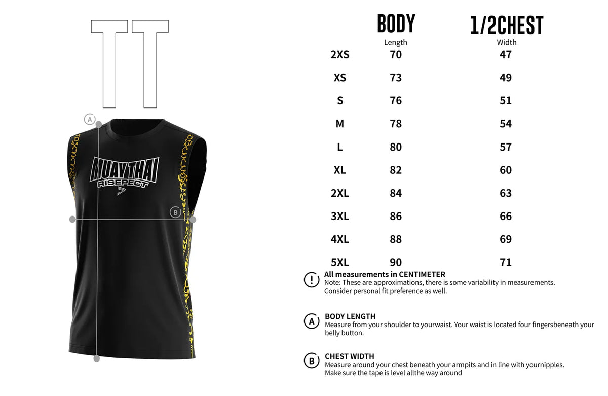 Adult Size Chart of Black Muay Thai Sleeveless Shirt With Gold Buddhist Texts