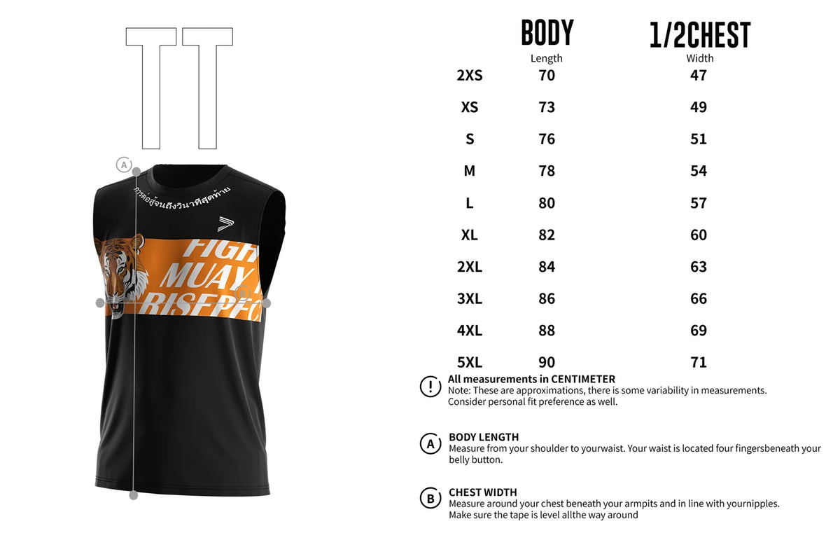 Adult Size Chart of Black Muay Thai Sleeveless Shirt With Orange Tiger